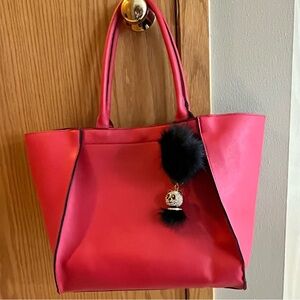 Large Red Vegan Tote Bag with Rhinestone Panda Head